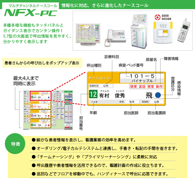 マルチチャンネルナースコール　NFX-PC　オーダリング連動、情報処理機能搭載。